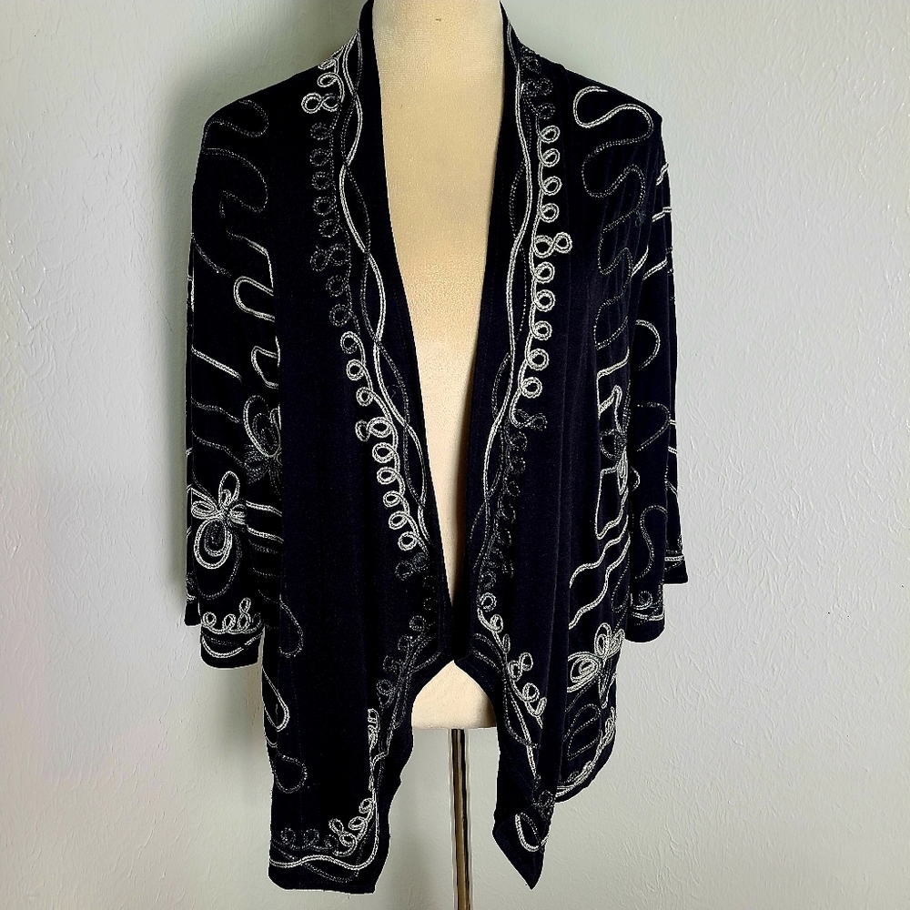 Investments II Black Waterfall Jacket with Shiny Silver & White Accents, Size 2X